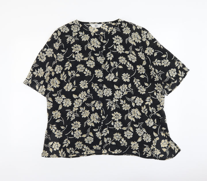 C&A Womens Black Floral Polyester Basic Button-Up Size 14 Round Neck
