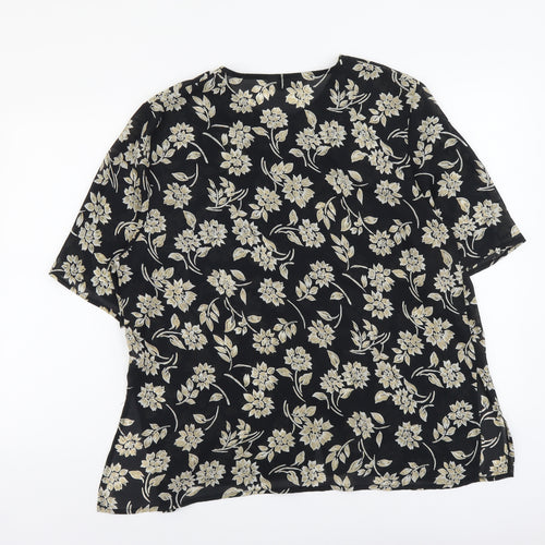 C&A Womens Black Floral Polyester Basic Button-Up Size 14 Round Neck