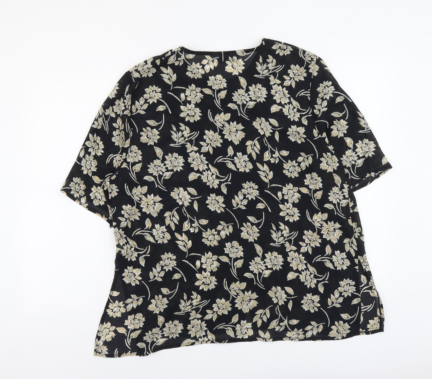 C&A Womens Black Floral Polyester Basic Button-Up Size 14 Round Neck