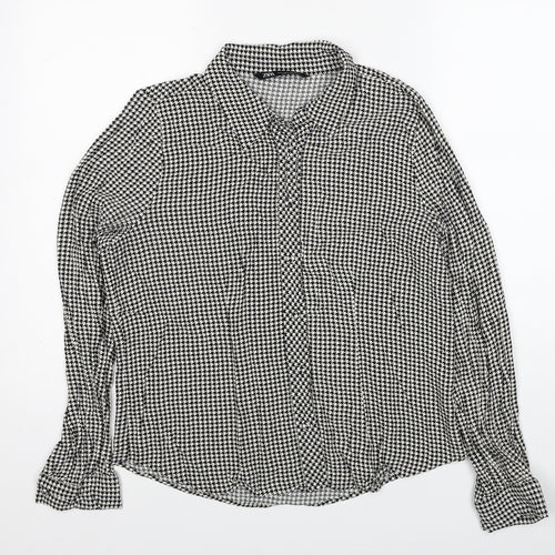 Zara Womens Black Herringbone Viscose Basic Button-Up Size L Collared
