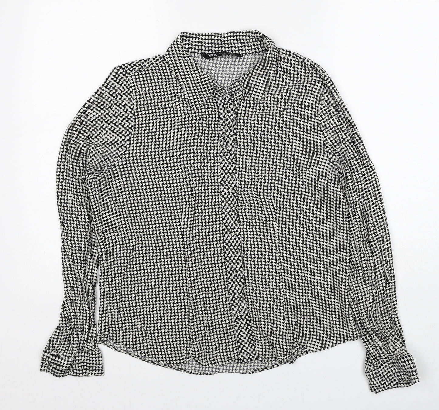Zara Womens Black Herringbone Viscose Basic Button-Up Size L Collared