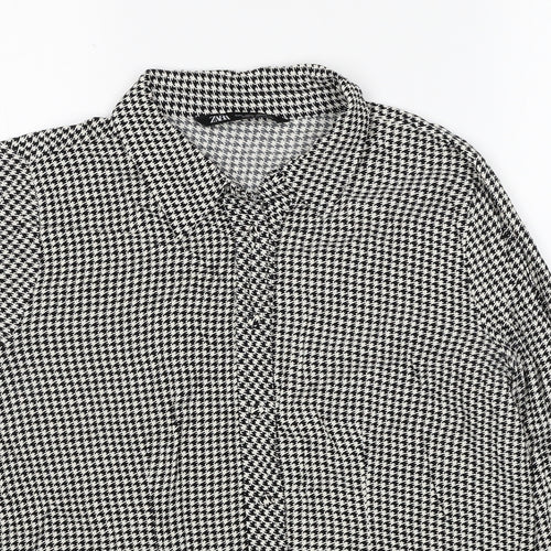 Zara Womens Black Herringbone Viscose Basic Button-Up Size L Collared