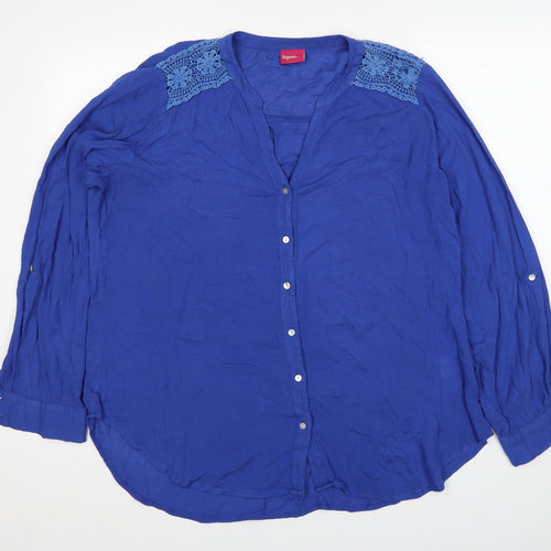 Together Womens Blue Viscose Basic Button-Up Size S V-Neck - Lace Detail
