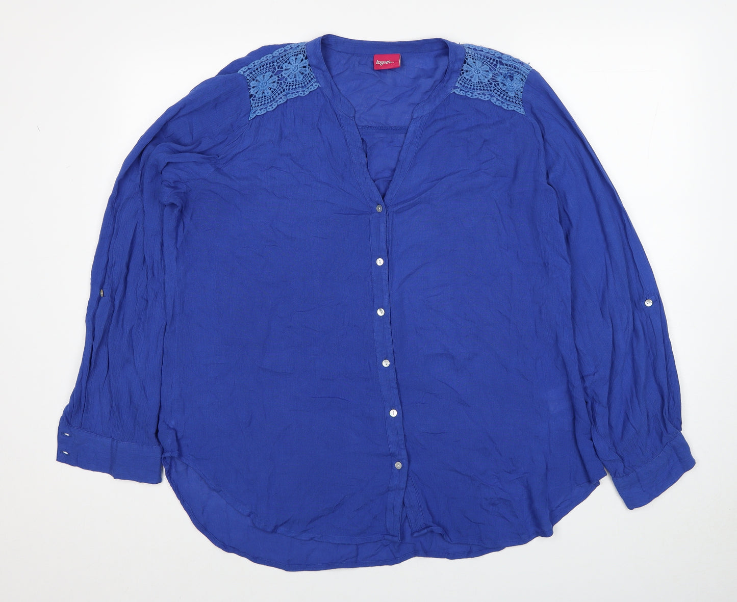 Together Womens Blue Viscose Basic Button-Up Size S V-Neck - Lace Detail
