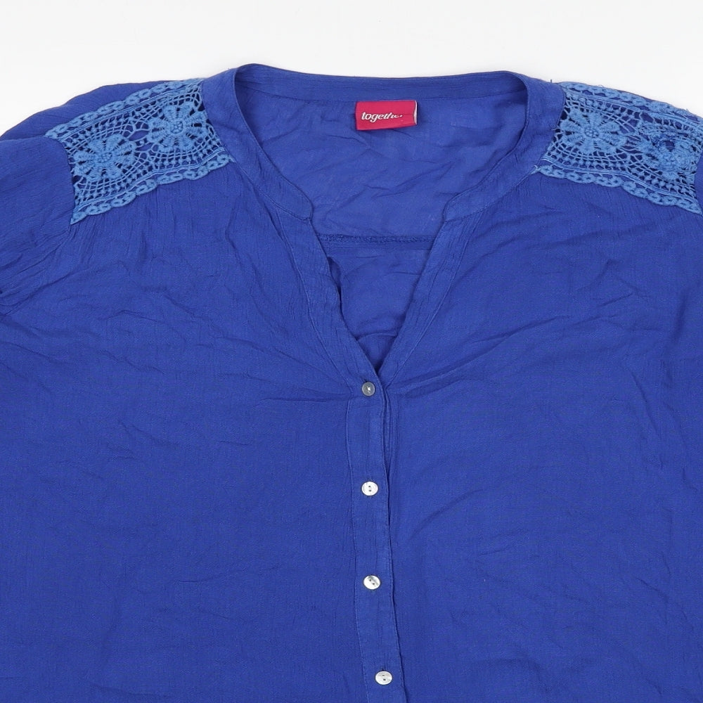 Together Womens Blue Viscose Basic Button-Up Size S V-Neck - Lace Detail