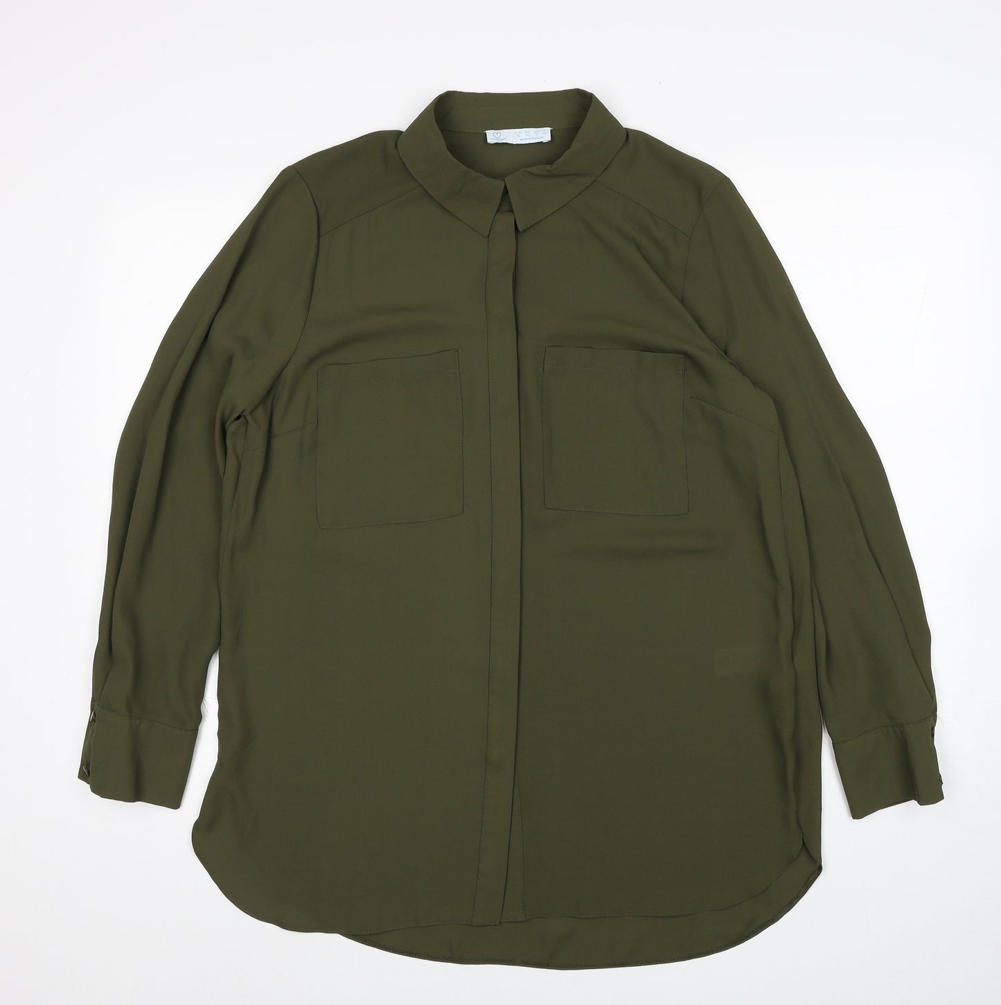 Primark Womens Green Polyester Basic Button-Up Size 14 V-Neck