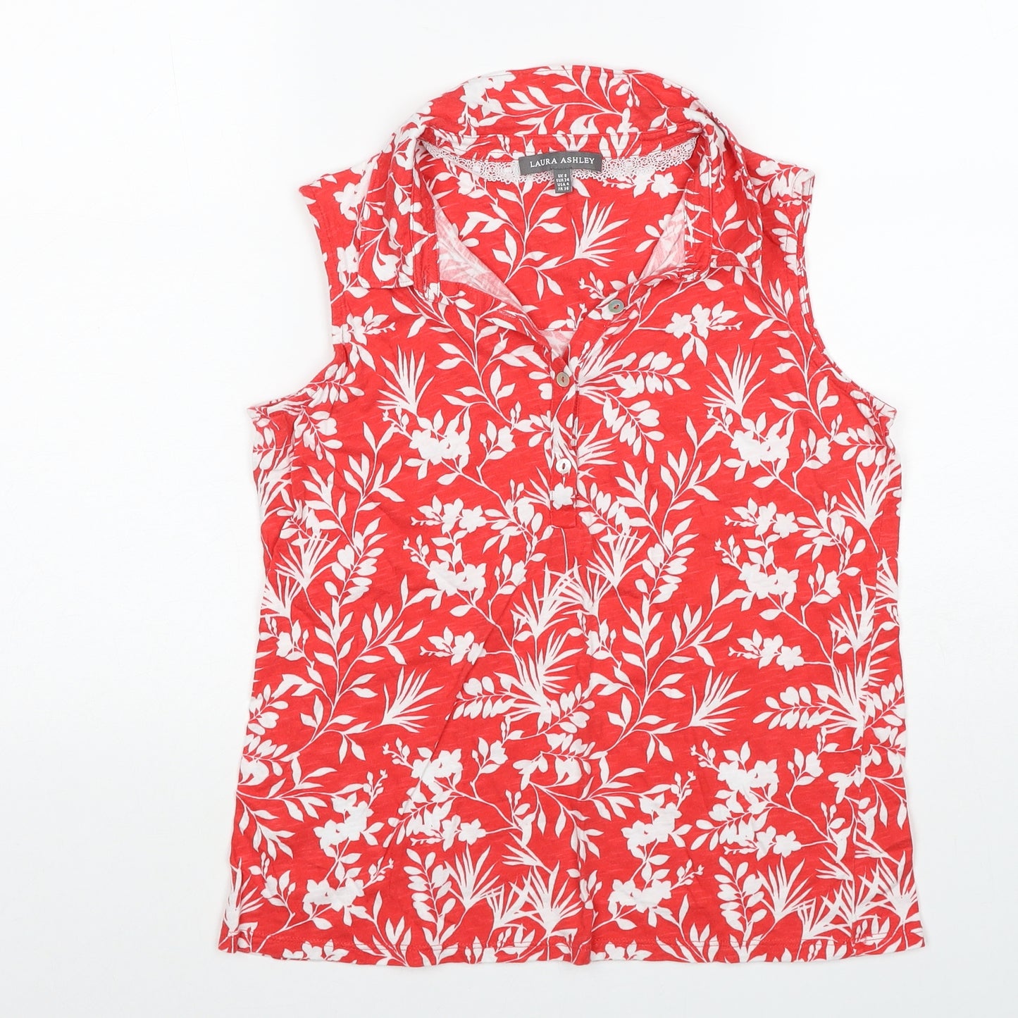 Laura Ashley Womens Red Floral Cotton Basic Blouse Size 8 Collared