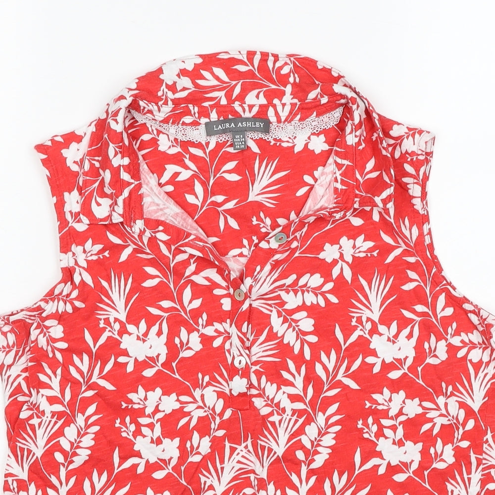 Laura Ashley Womens Red Floral Cotton Basic Blouse Size 8 Collared