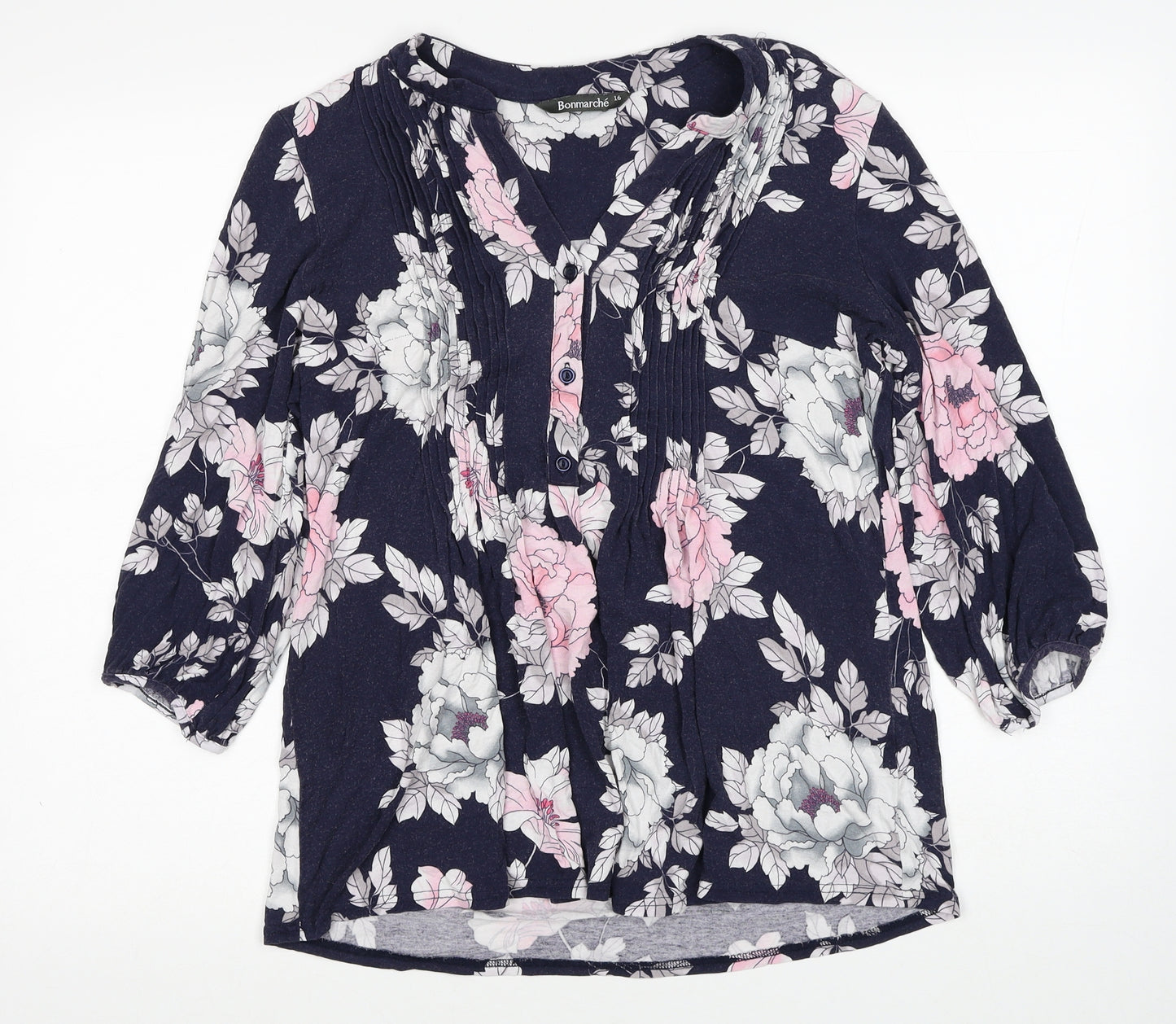 Bonmarché Womens Multicoloured Floral Polyester Basic Blouse Size 16 V-Neck - Pin Tuck