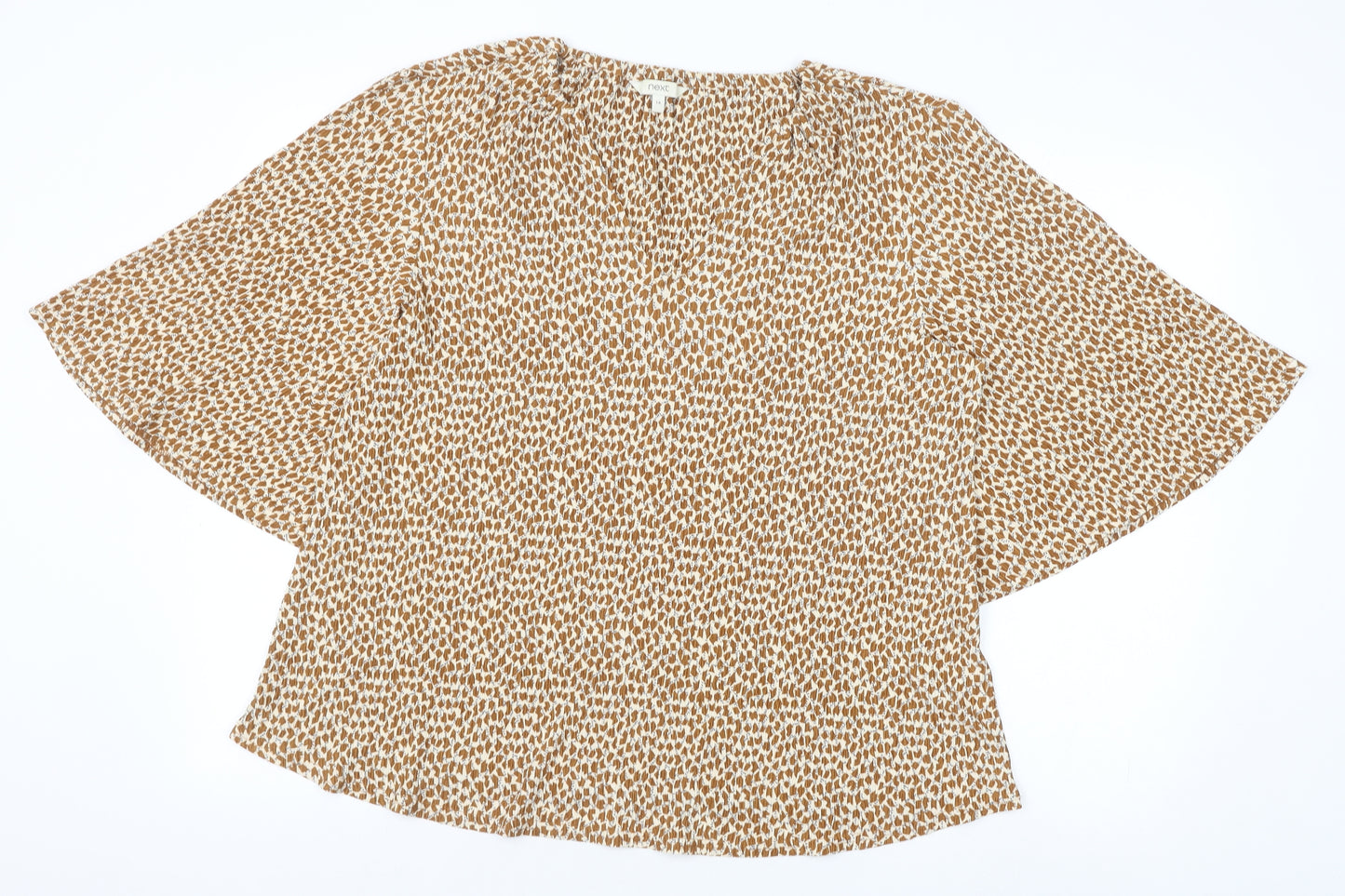 NEXT Womens Brown Geometric Polyester Basic Blouse Size 14 V-Neck - Angel Sleeve