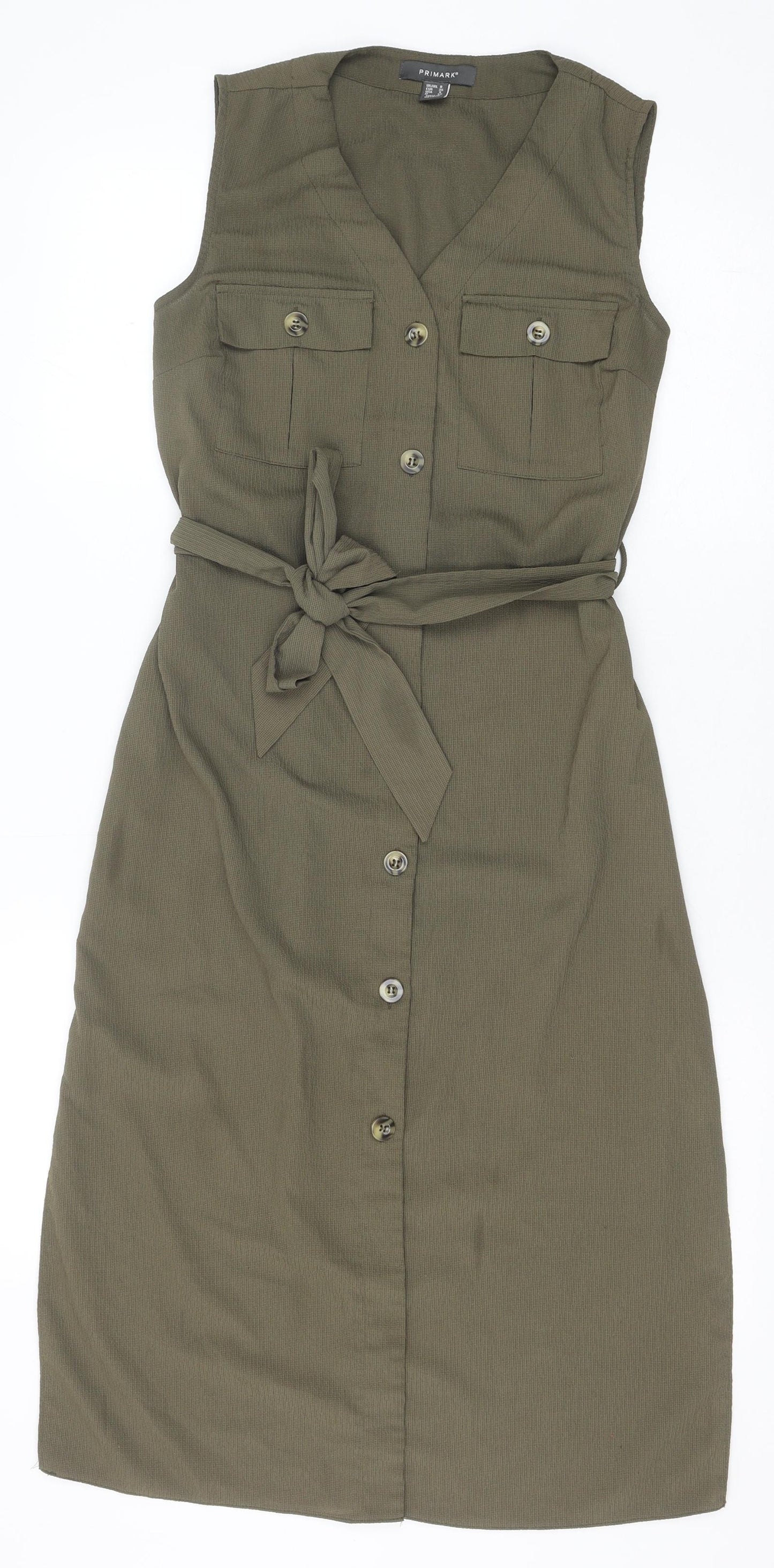 Primark Womens Green Herringbone Polyester Shirt Dress Size 8 V-Neck Button