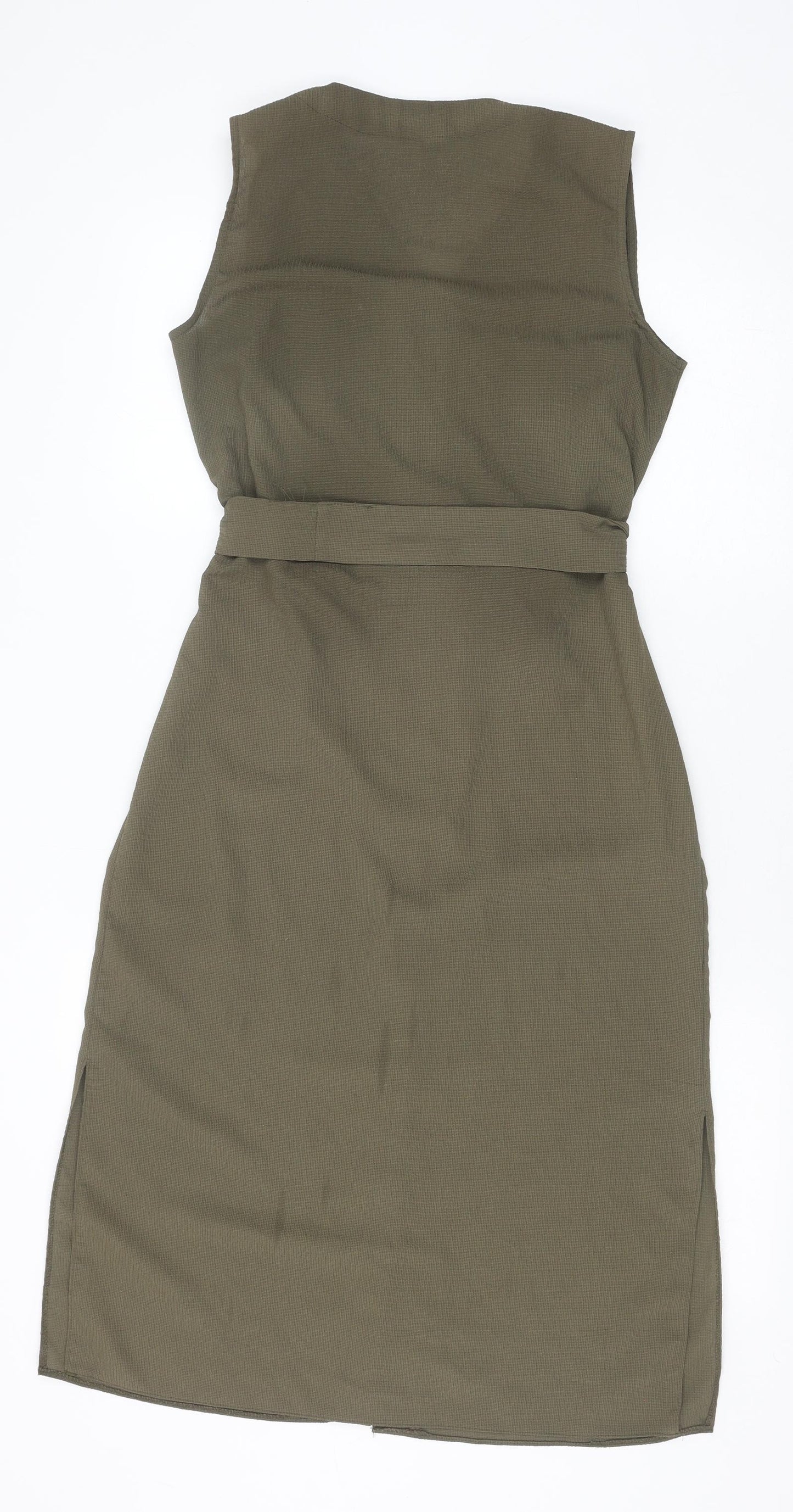 Primark Womens Green Herringbone Polyester Shirt Dress Size 8 V-Neck Button