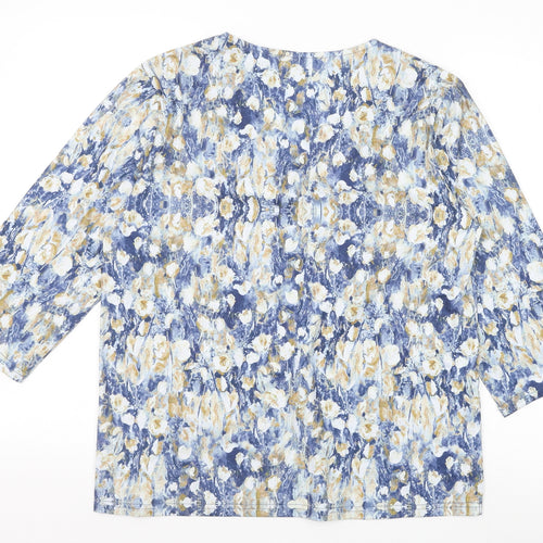 Preworn Womens Blue Geometric Cotton Basic Blouse Size M V-Neck - Lace Detail
