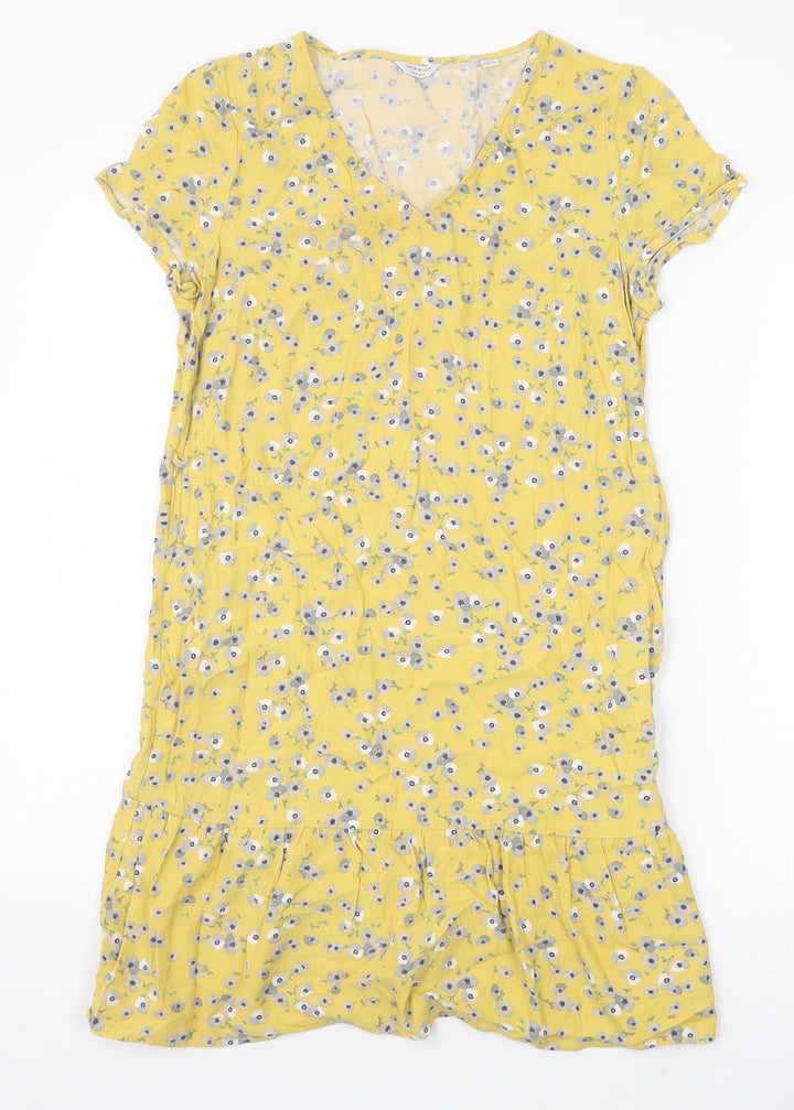 Jack Wills Womens Yellow Floral Viscose T-Shirt Dress Size 6 V-Neck Pullover