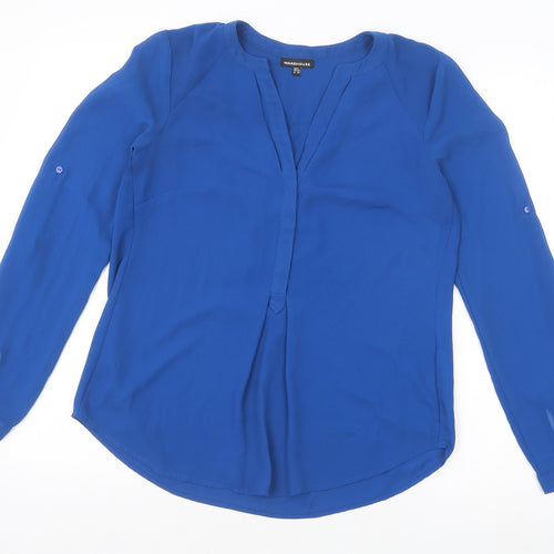 Warehouse Womens Blue Polyester Basic Blouse Size 8 V-Neck
