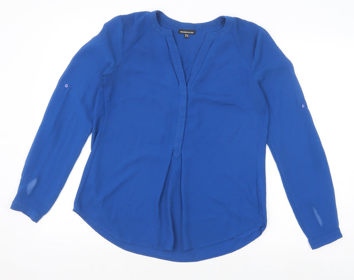 Warehouse Womens Blue Polyester Basic Blouse Size 8 V-Neck