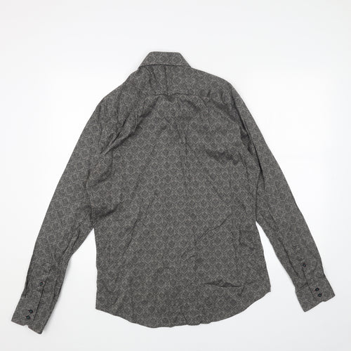 24/7 Comfort Apparel Mens Grey Geometric Cotton Button-Up Size M Collared Button