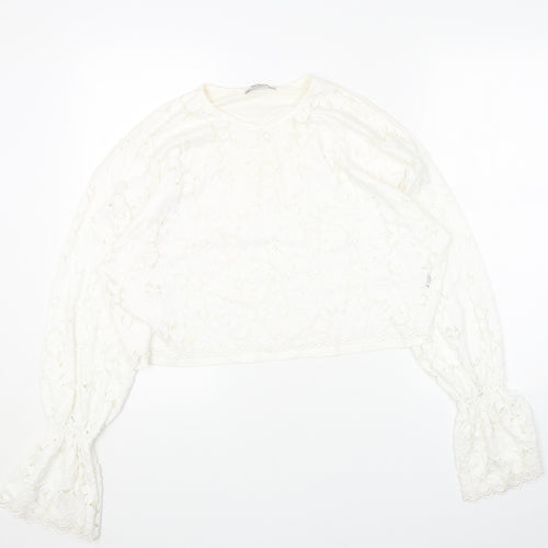 Zara Womens White Floral Cotton Cropped Blouse Size M Round Neck