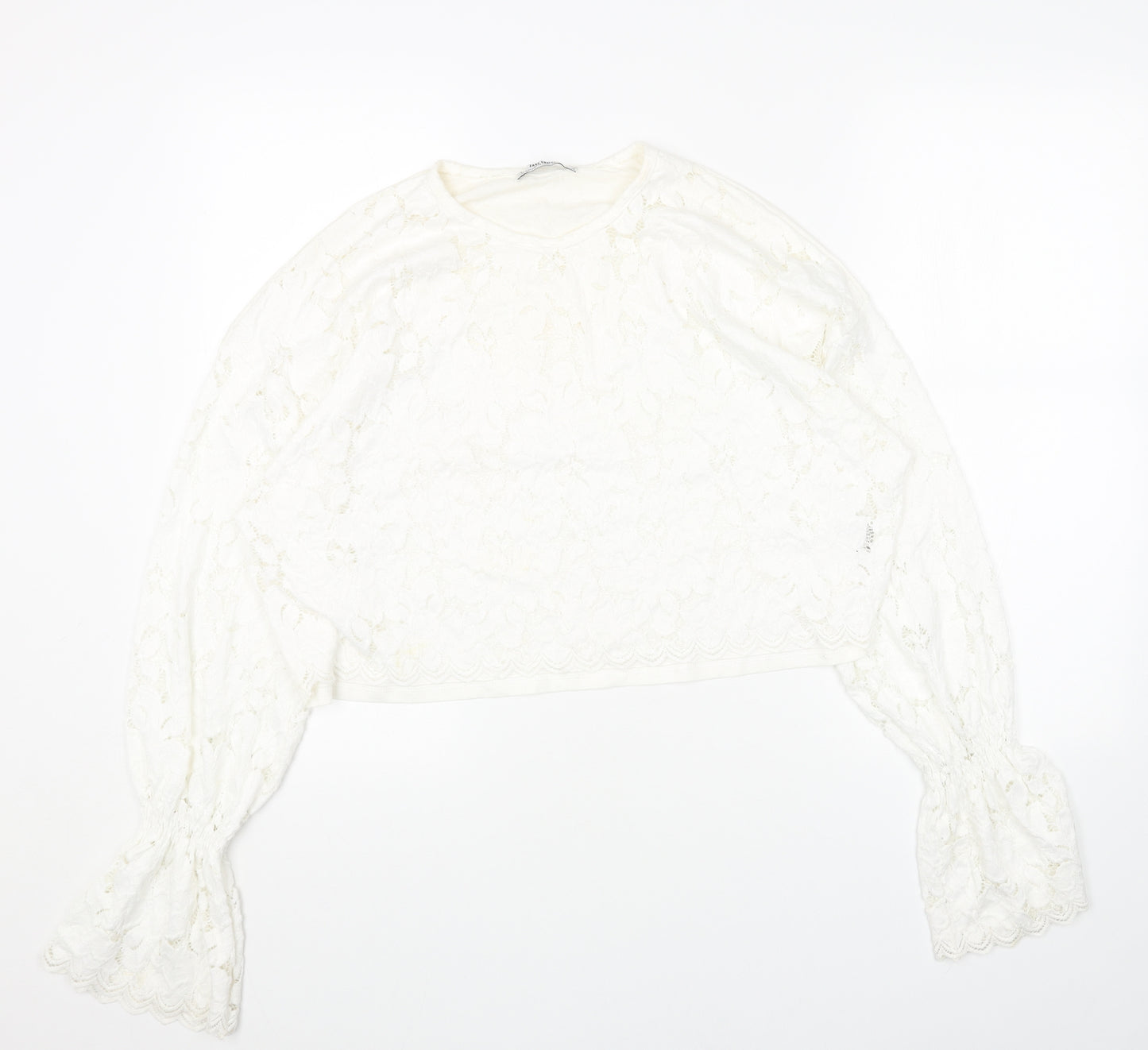 Zara Womens White Floral Cotton Cropped Blouse Size M Round Neck