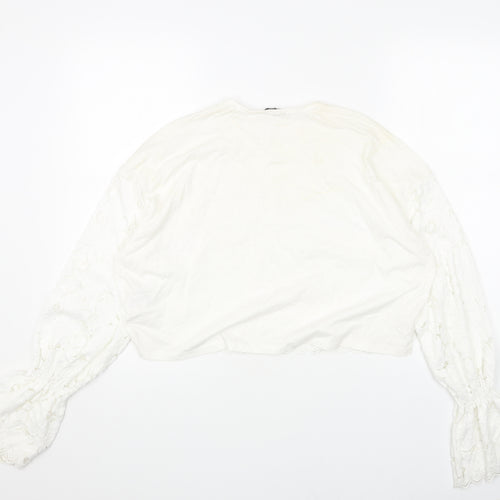 Zara Womens White Floral Cotton Cropped Blouse Size M Round Neck