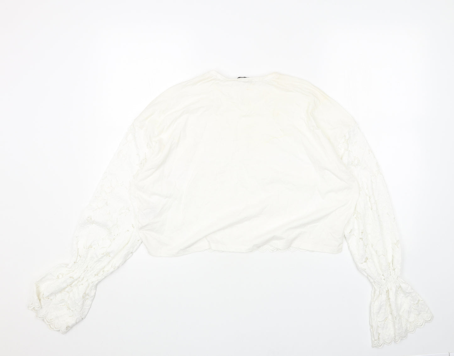 Zara Womens White Floral Cotton Cropped Blouse Size M Round Neck