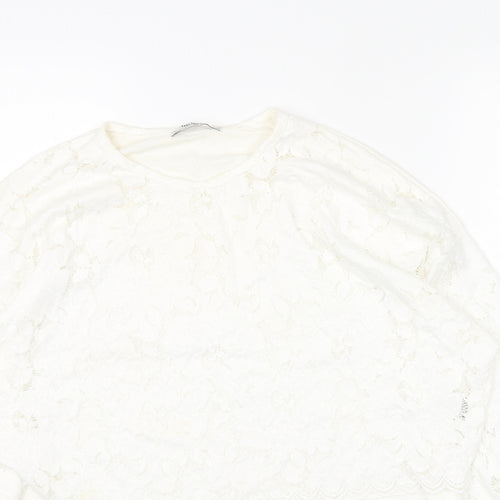 Zara Womens White Floral Cotton Cropped Blouse Size M Round Neck