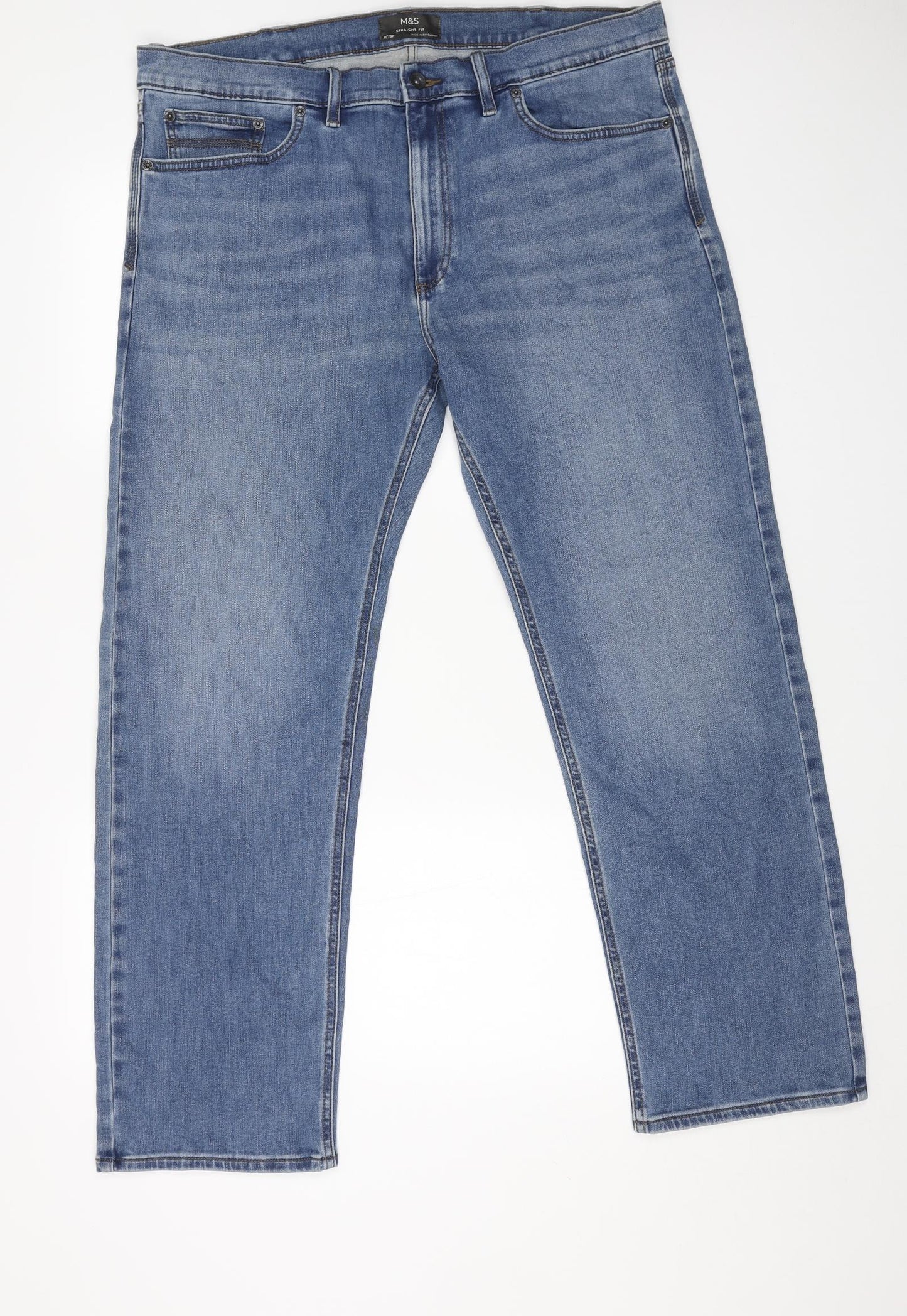 Marks and Spencer Mens Blue Cotton Straight Jeans Size 40 in L31 in Regular Button
