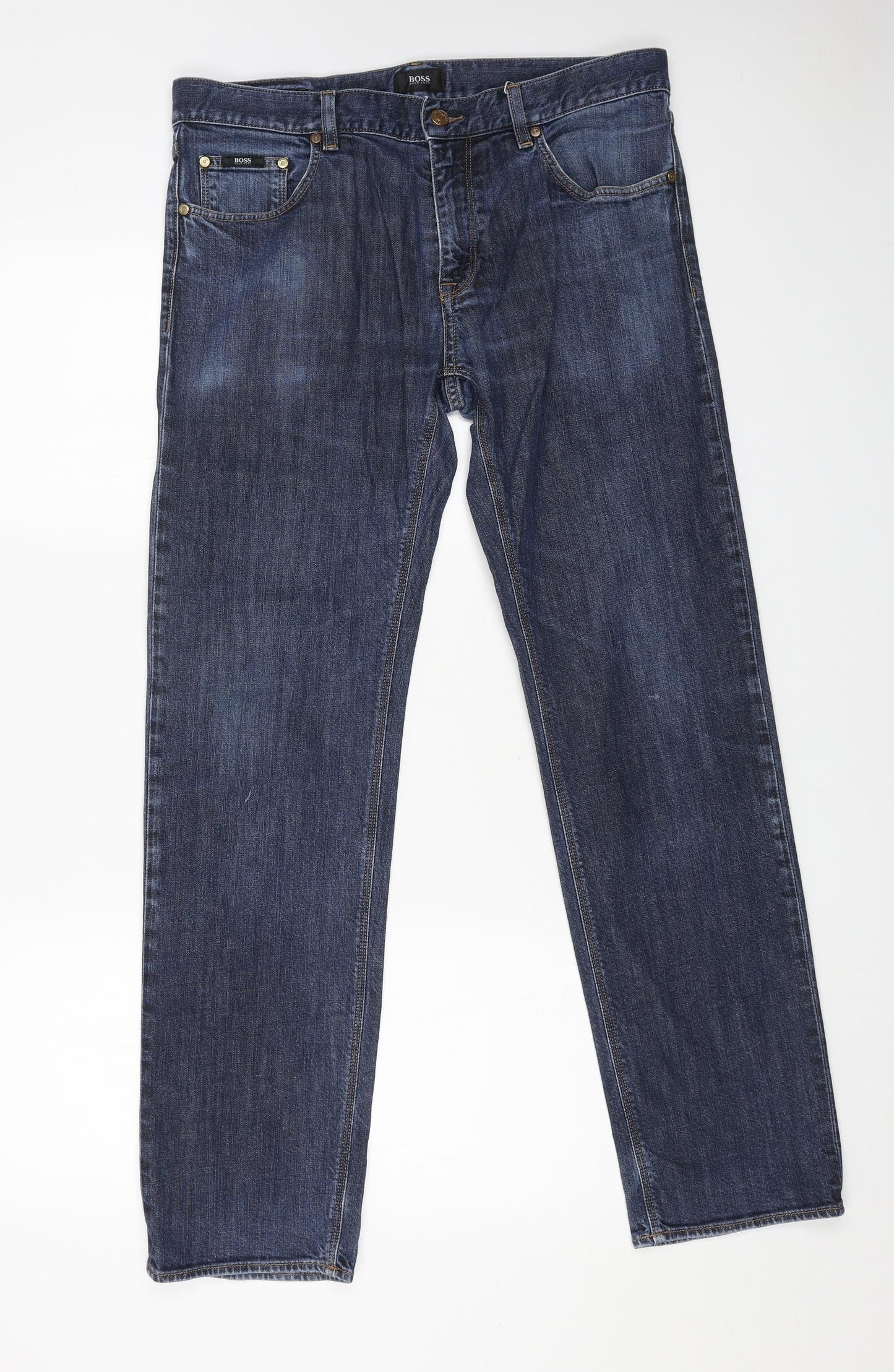 Boss Mens Blue Cotton Straight Jeans Size 35 in L32 in Regular Button