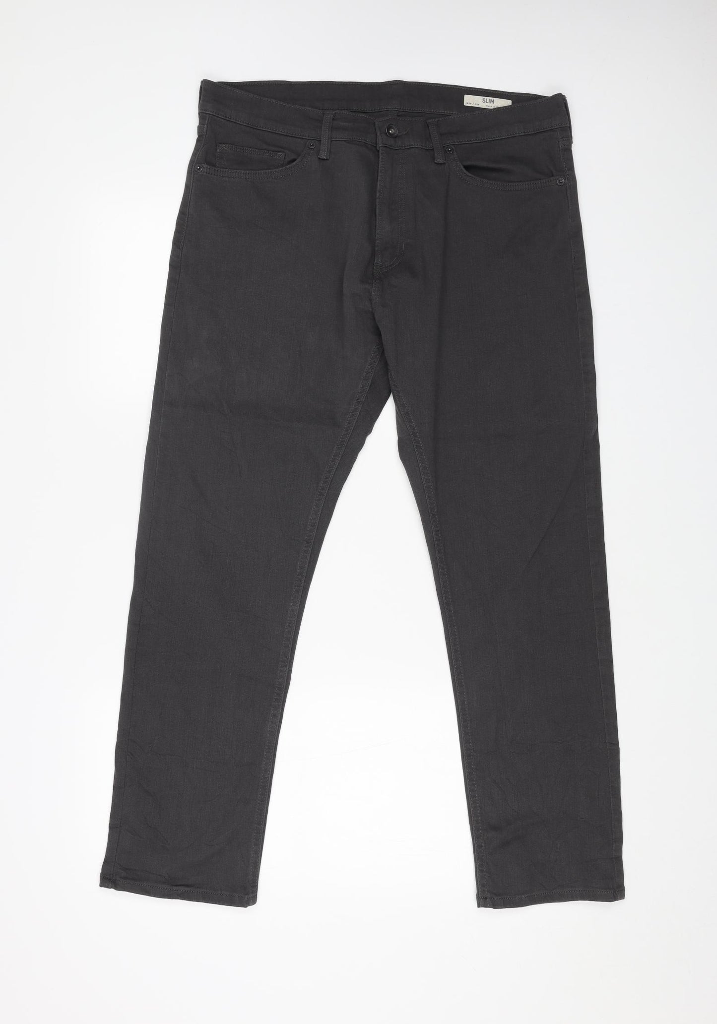 Marks and Spencer Mens Grey Cotton Straight Jeans Size 36 in L29 in Regular Button