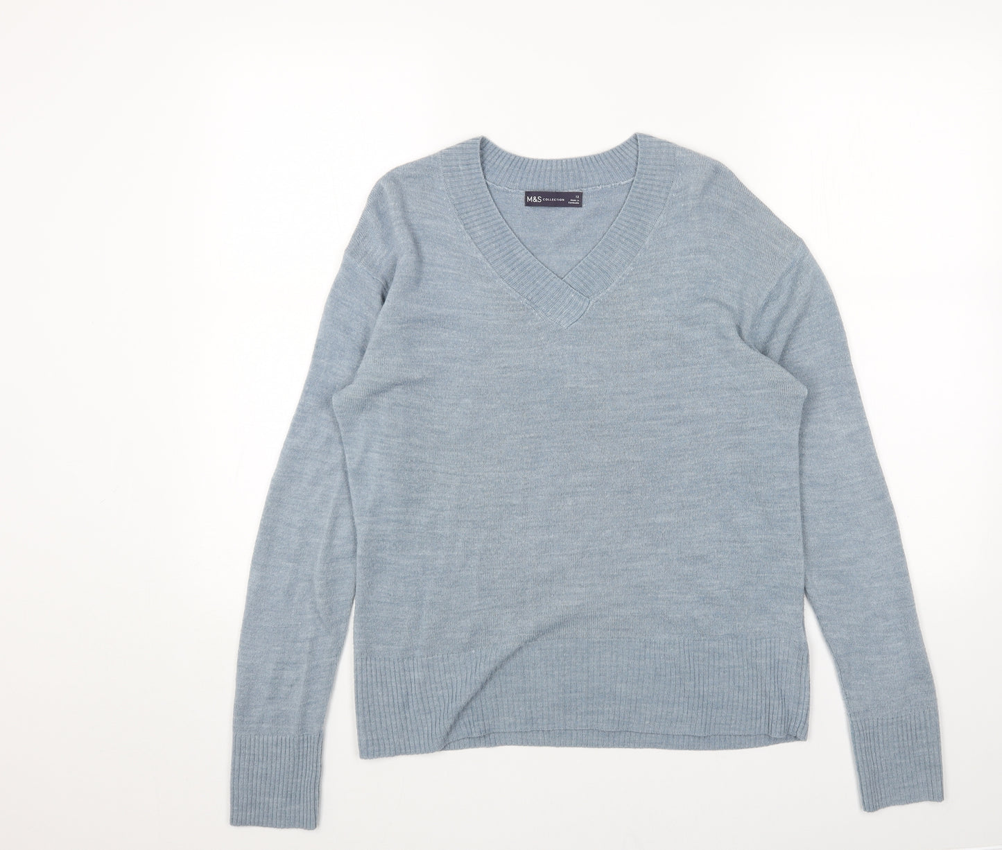 Marks and Spencer Womens Blue V-Neck Acrylic Pullover Jumper Size 12