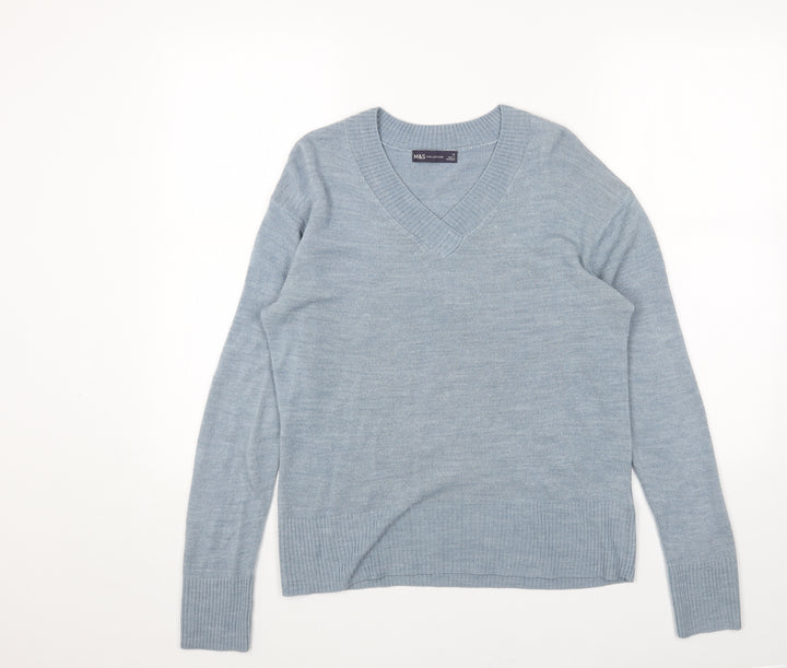 Marks and Spencer Womens Blue V-Neck Acrylic Pullover Jumper Size 12