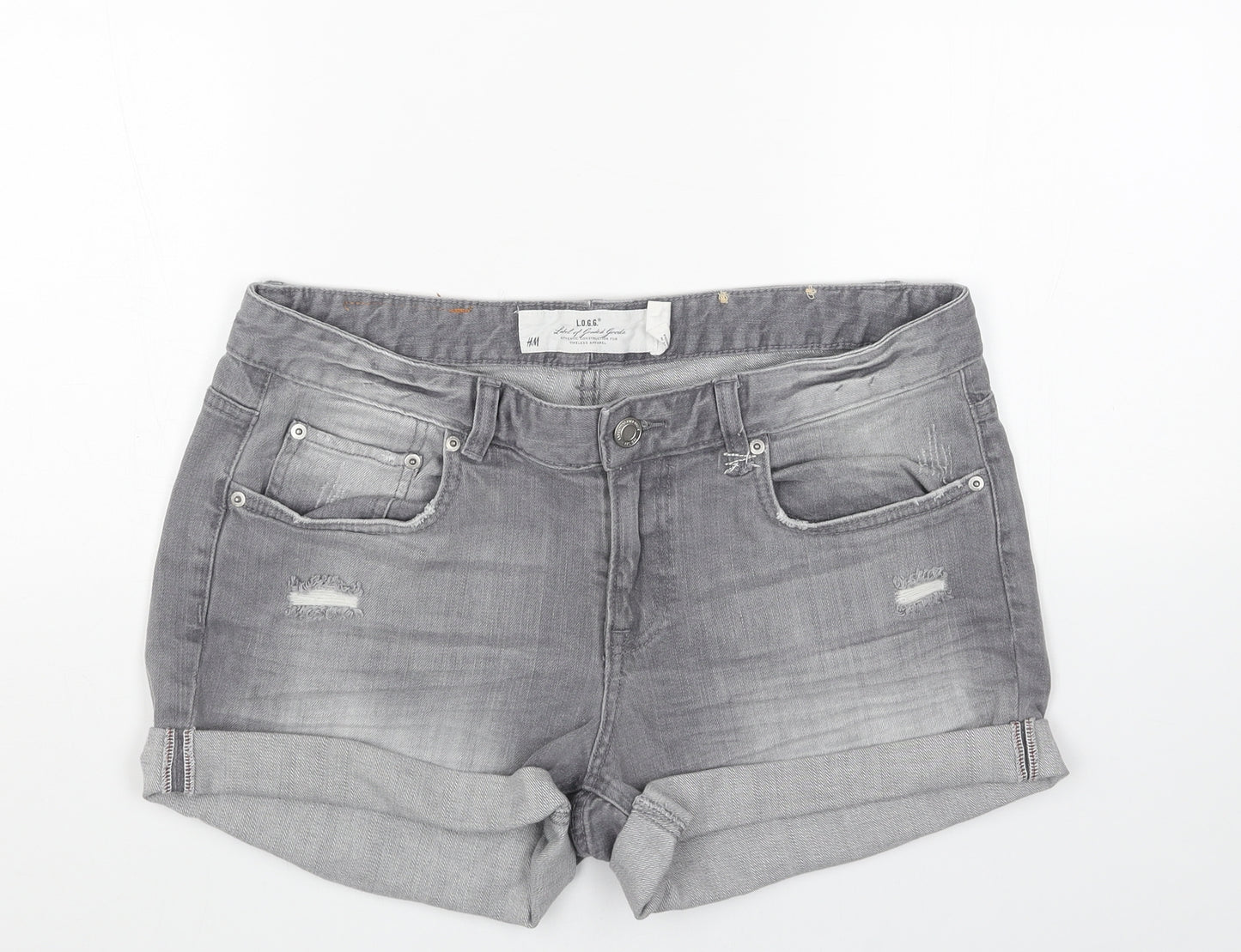 H&M Womens Grey Cotton Hot Pants Shorts Size 34 in Regular Button - Distressed
