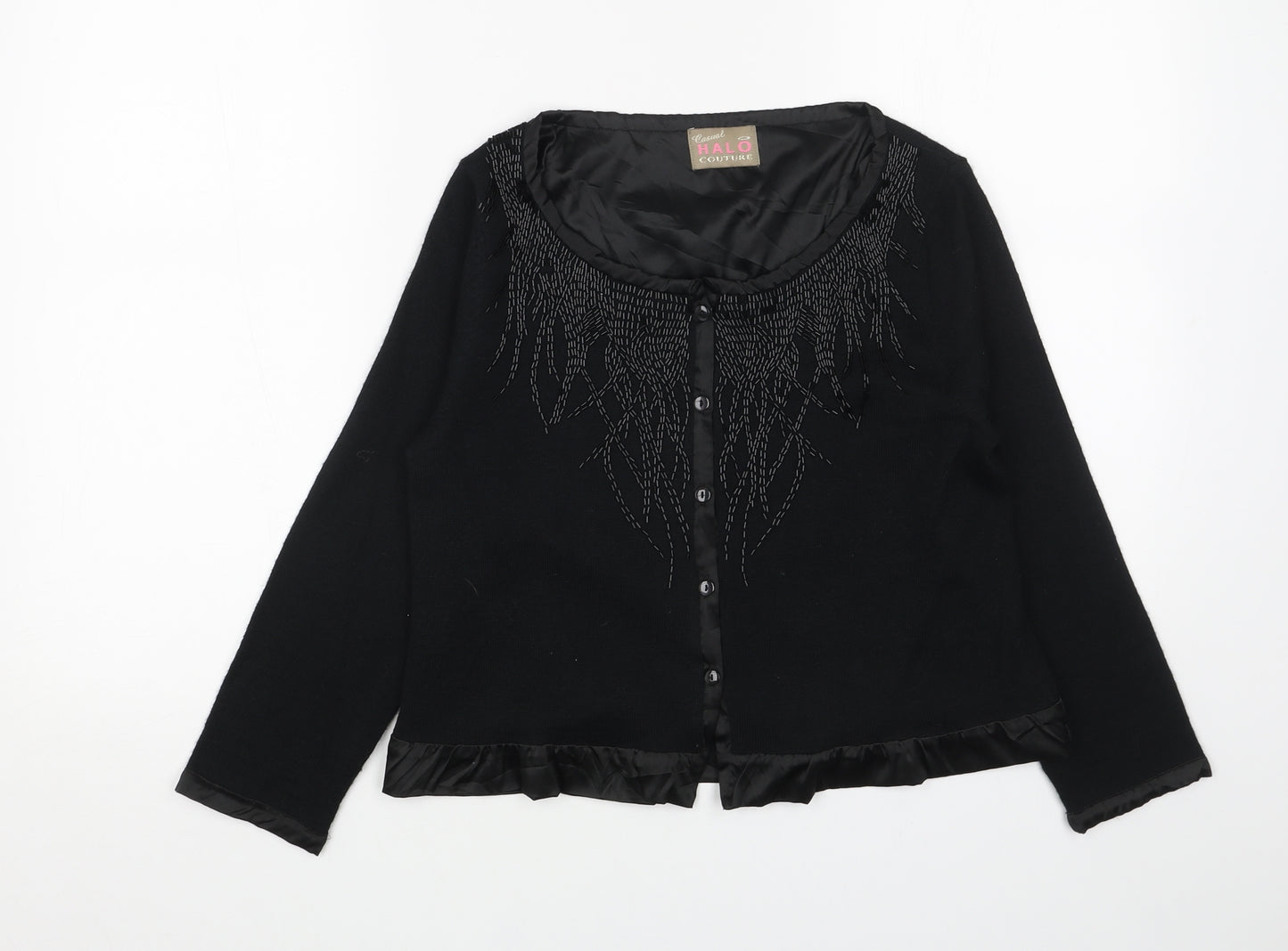Halo Womens Black Scoop Neck Acrylic Cardigan Jumper Size M - Satin Trim