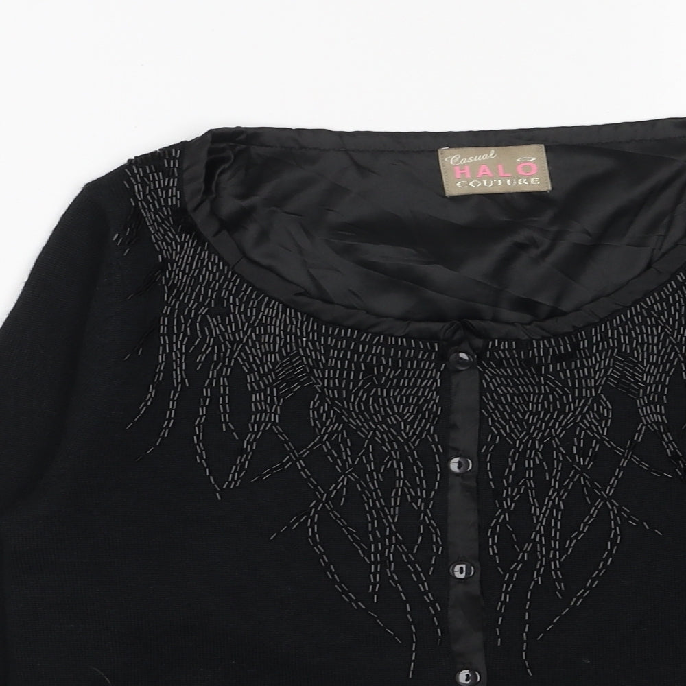 Halo Womens Black Scoop Neck Acrylic Cardigan Jumper Size M - Satin Trim
