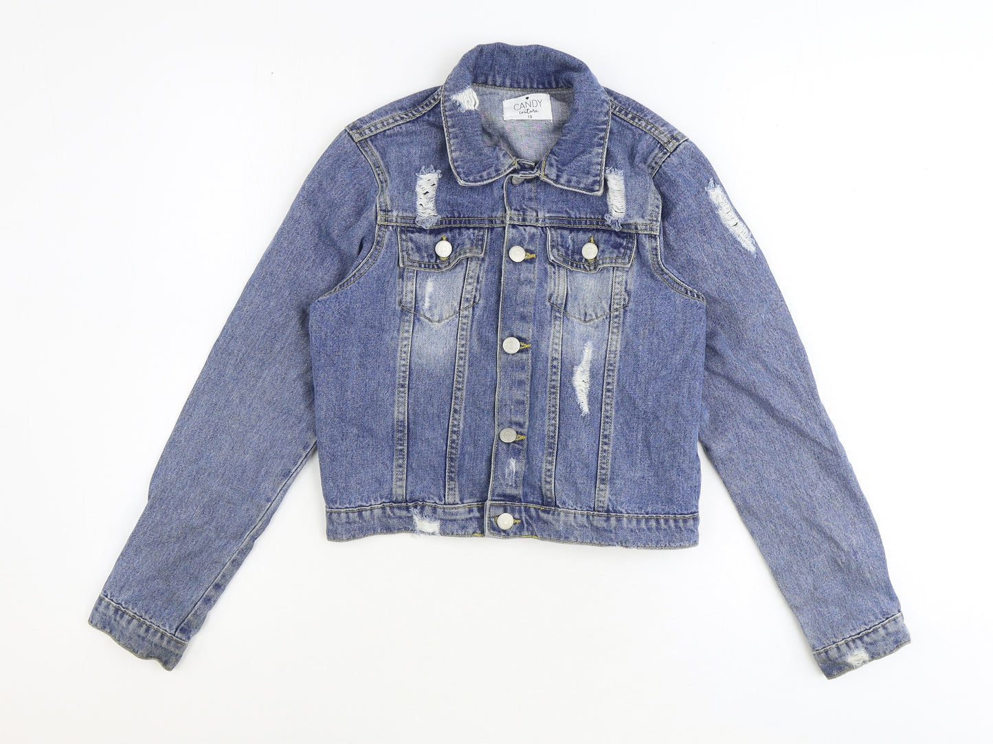 Candy Couture Girls Blue Basic Jacket Jacket Size 13 Years Button - Distressed