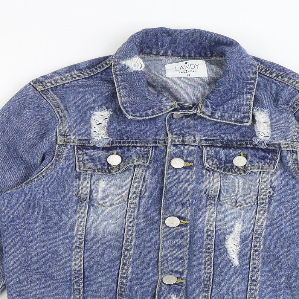 Candy Couture Girls Blue Basic Jacket Jacket Size 13 Years Button - Distressed