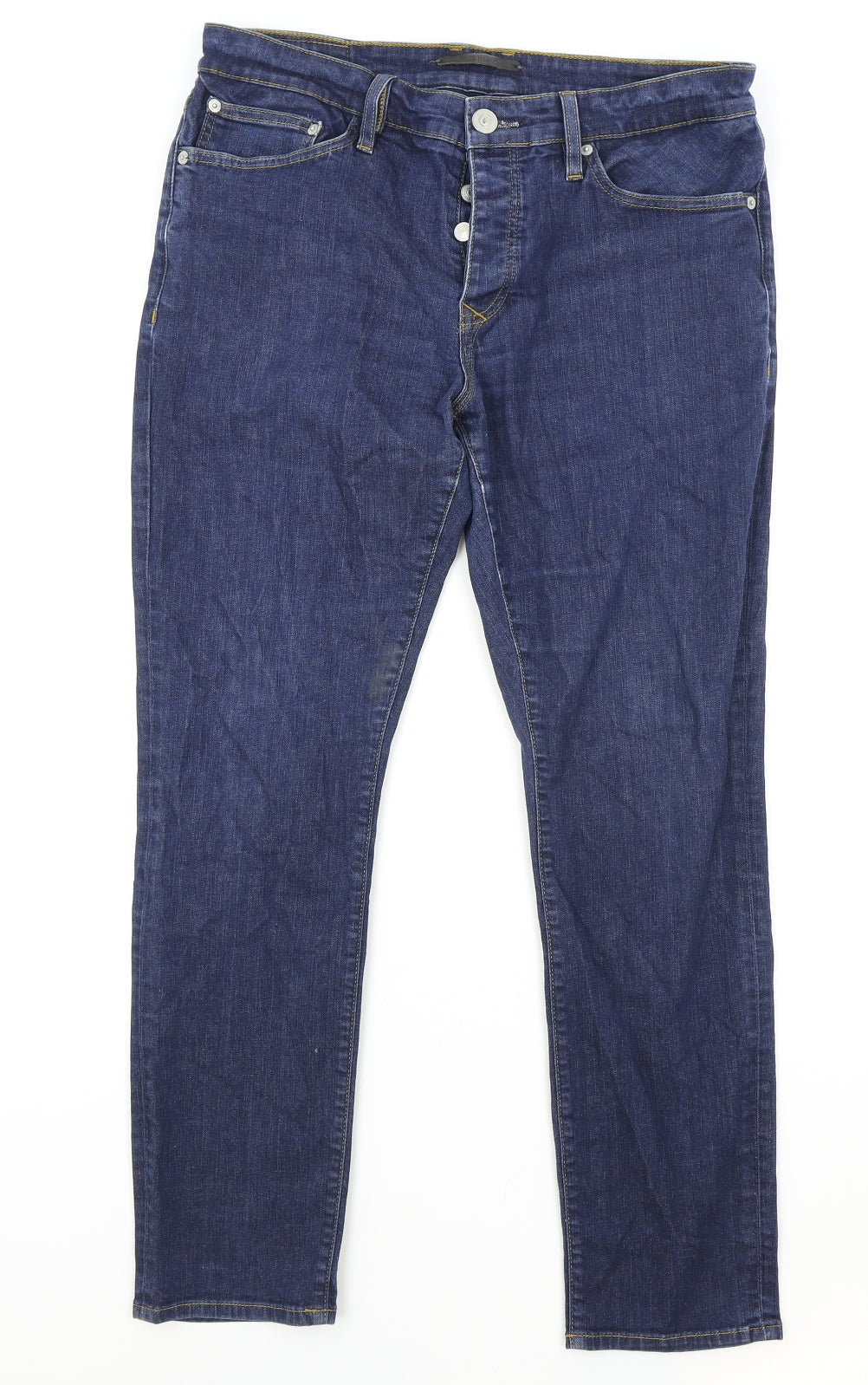 River Island Mens Blue Cotton Straight Jeans Size 34 in Regular Button