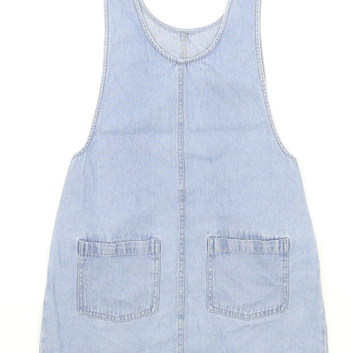 Marks and Spencer Girls Blue Cotton Pinafore/Dungaree Dress Size 11-12 Years Scoop Neck Button
