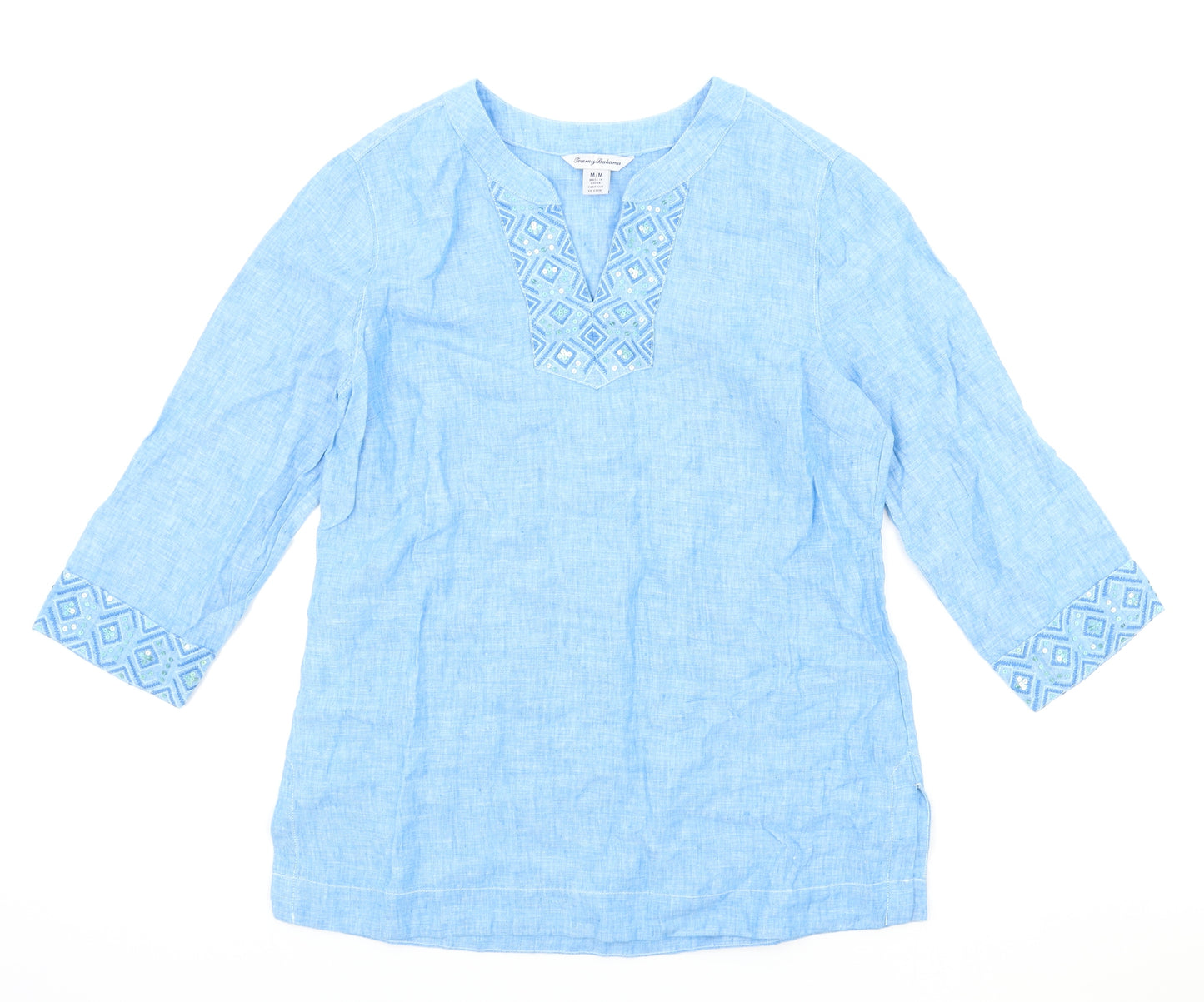 Tommy Bahama Womens Blue Cotton Basic Blouse Size M V-Neck