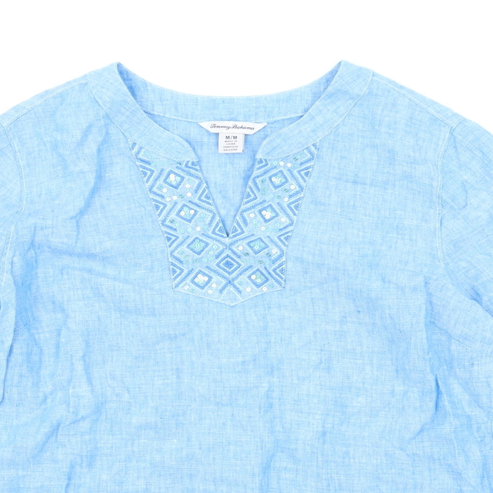 Tommy Bahama Womens Blue Cotton Basic Blouse Size M V-Neck