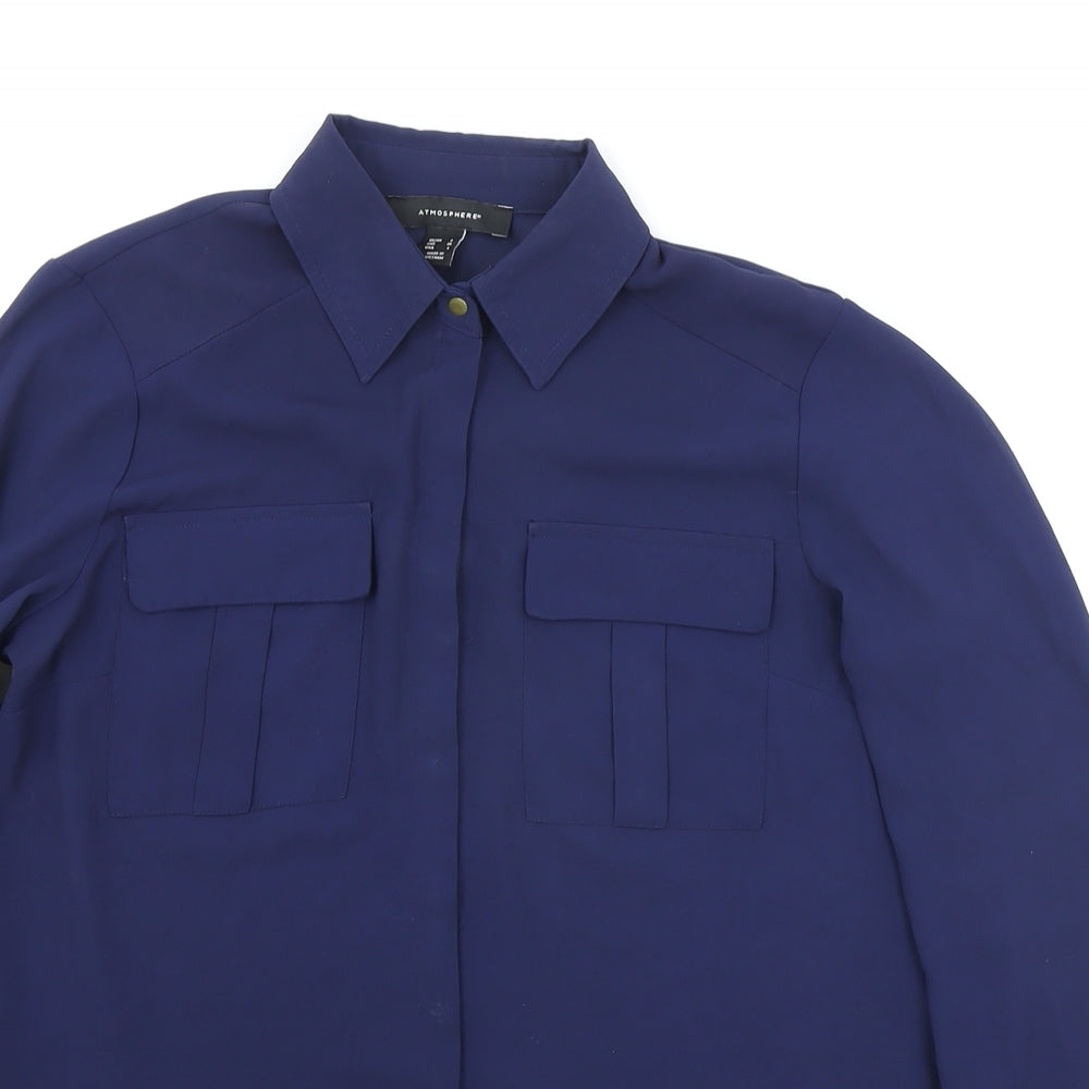Atmosphere Womens Blue Polyester Basic Button-Up Size 8 Collared
