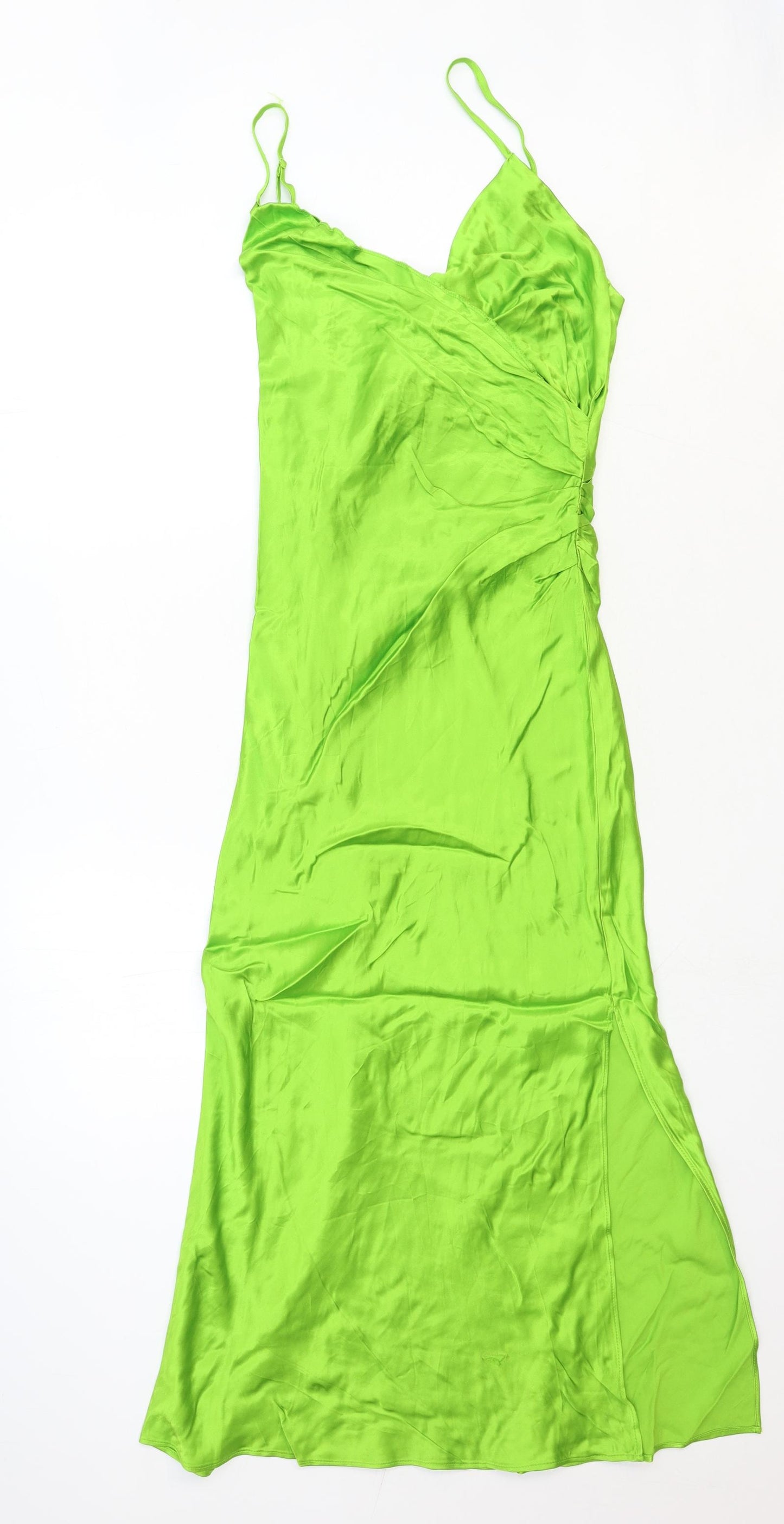 Zara Womens Green Viscose Slip Dress Size S V-Neck Zip