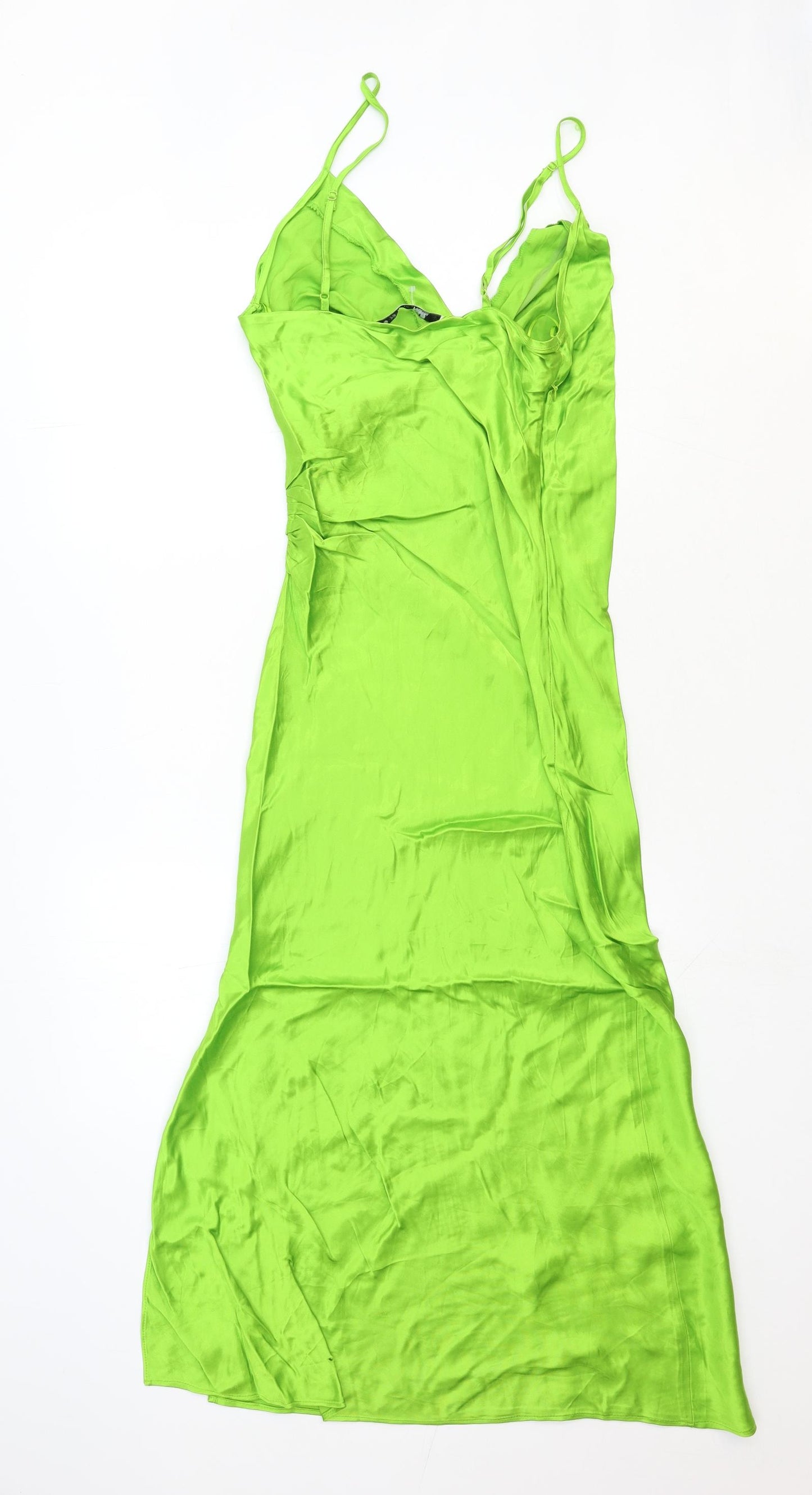 Zara Womens Green Viscose Slip Dress Size S V-Neck Zip