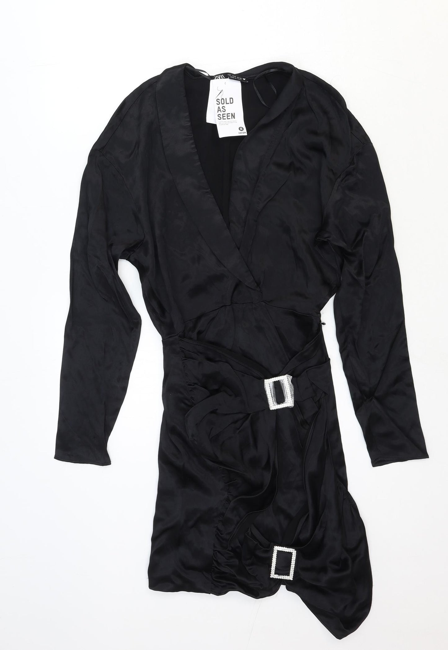 Zara Womens Black Viscose Mini Size S V-Neck Button - Wrap Front