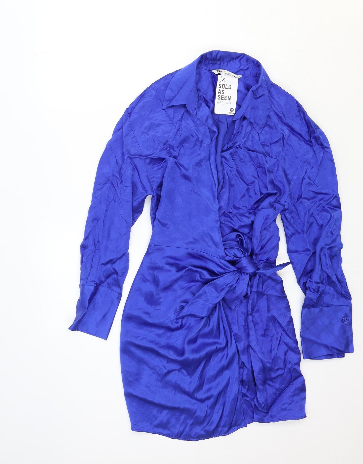 Zara Womens Blue Viscose Shirt Dress Size S Collared Tie