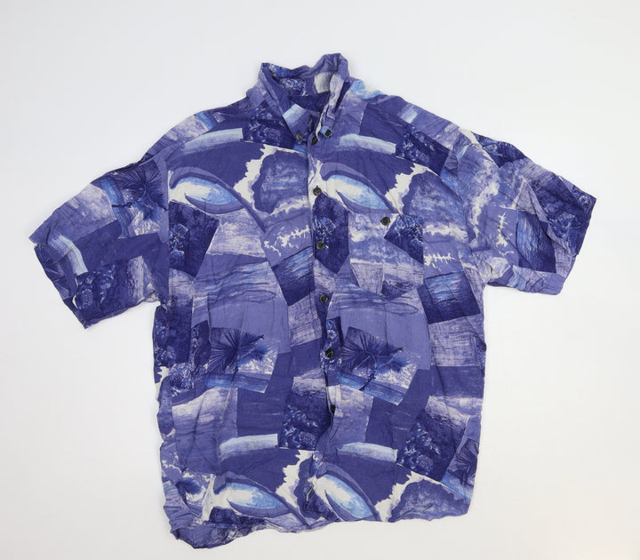 Preworn Mens Blue Geometric Viscose Button-Up Size S Collared Button - Beach Print