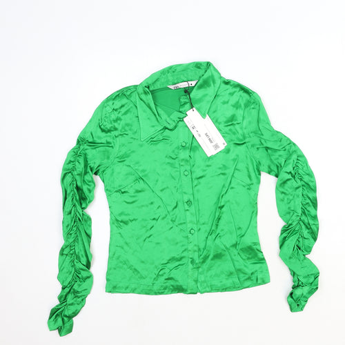 Zara Womens Green Viscose Basic Button-Up Size XS Collared - Ruched Sleeve