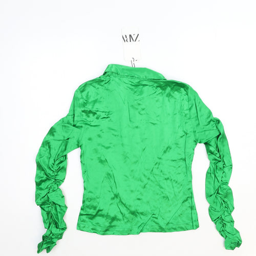 Zara Womens Green Viscose Basic Button-Up Size XS Collared - Ruched Sleeve