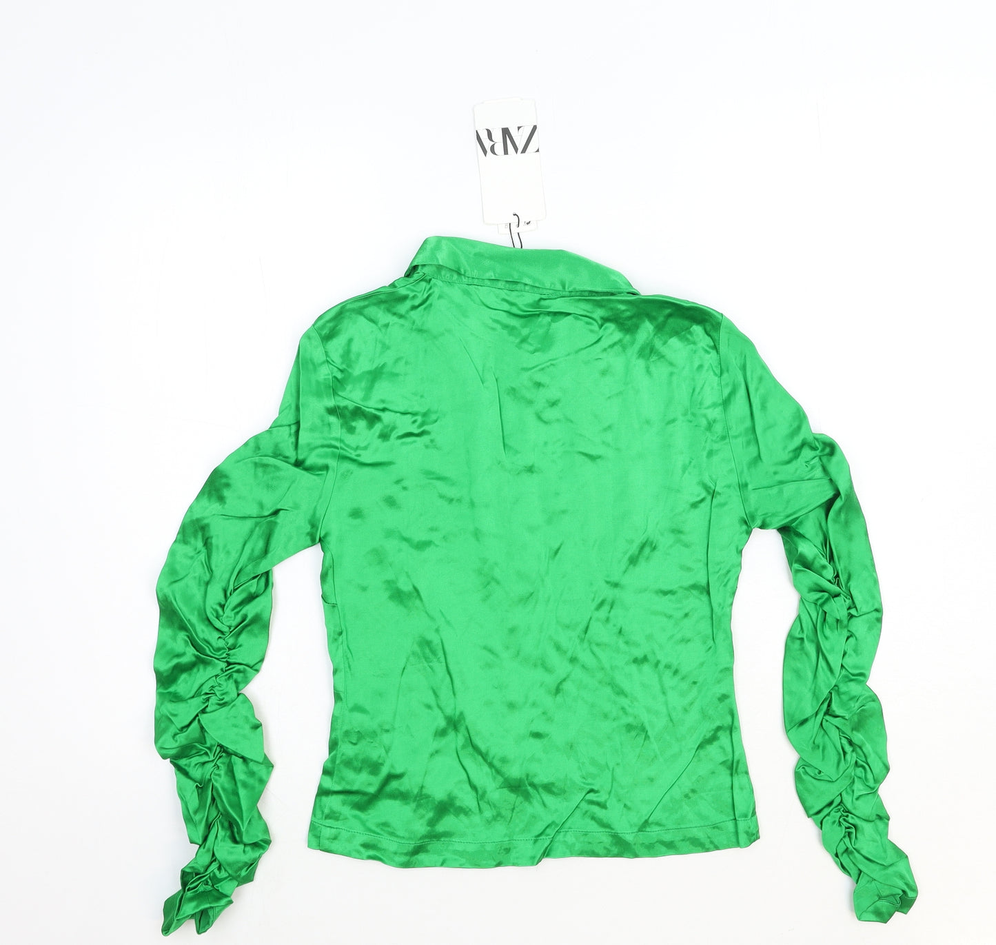 Zara Womens Green Viscose Basic Button-Up Size XS Collared - Ruched Sleeve