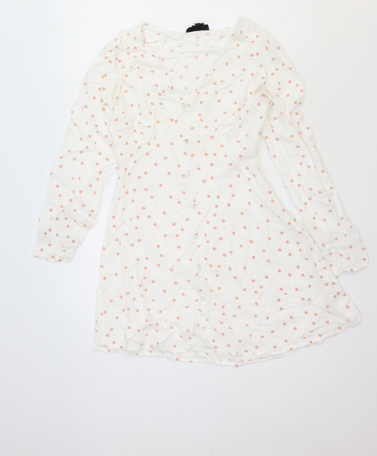 Wednesday's Girl Womens White Polka Dot Viscose Fit & Flare Size S V-Neck Button